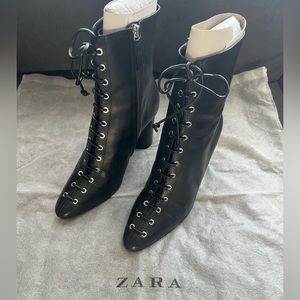 Zara Laced Leather Heeled Ankle Boots